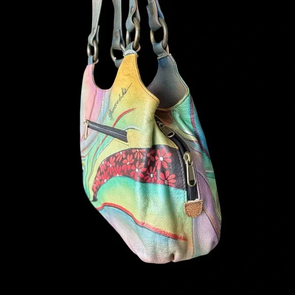 Anuschka Pastel Peacock Shoulder Bag multi pocket with 2 attached pouches NEW - Picture 5 of 11